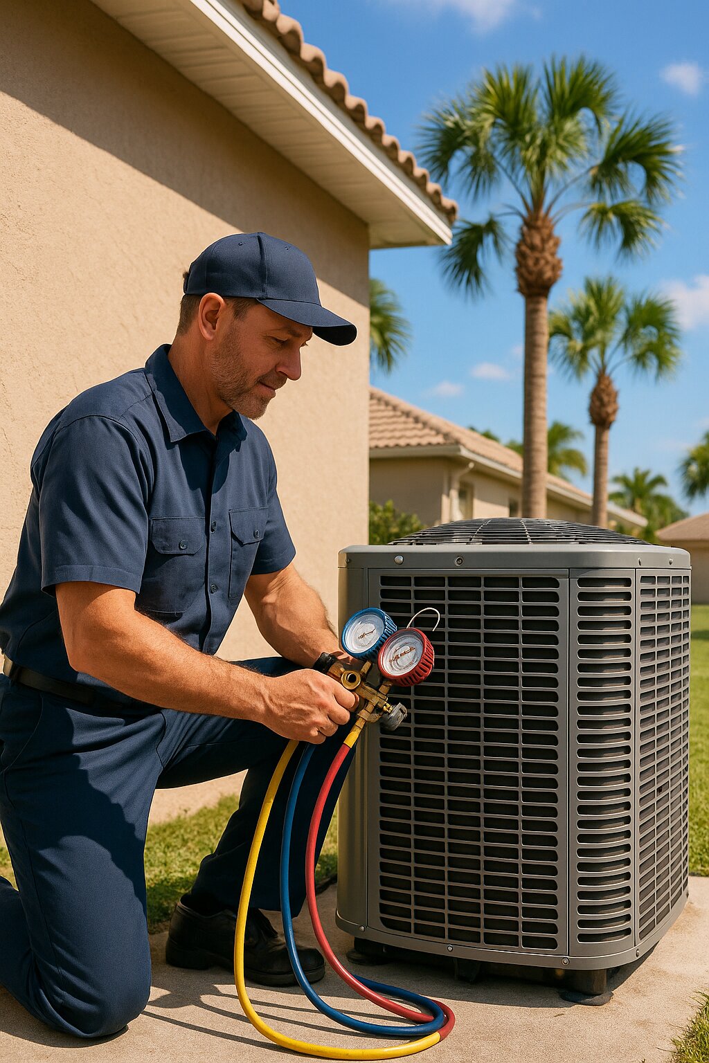 Licensed AC technician servicing a residential air conditioning condenser unit at a Florida home in Riverview
